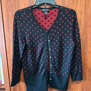 White House Black Market Red and Black Polka Dot Knit Cardigan